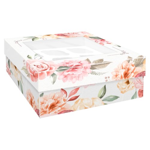 Коробка на 9 капкейков с окном "Пионы" КУ-646